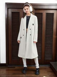 SHEIN EZwear 女士們雙排扣毛織品外套帶星星圖案