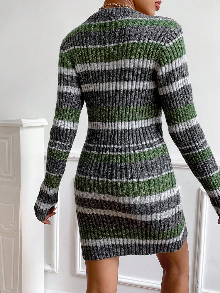 Striped Pattern Sweater Dress Fall Cloth For Women