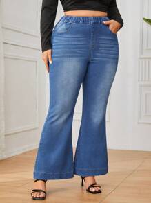 SHEIN Privé Kích thước lớn Của phụ nữ Eo đàn hồi Quần jean loe Với Mèo Whisker Hiệu ứng - Rửa trung bình - Xem 6