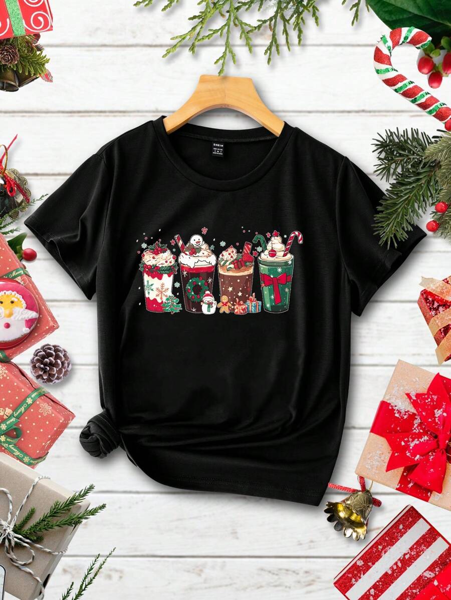 SHEIN LUNE Christmas Print Tee - Black - View 1