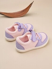 女孩織網拼接休閒運動鞋,舒適魔鬼氈帶,透氣平底鞋底 - 粉色 - 查看 6