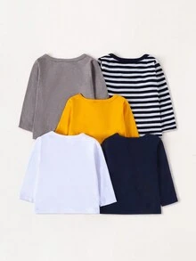 Set Of 5 Baby Boys' Tractor & Transportation Vehicles Printed Long Sleeve Tops For Fall And Winter - Multicolor - View 2