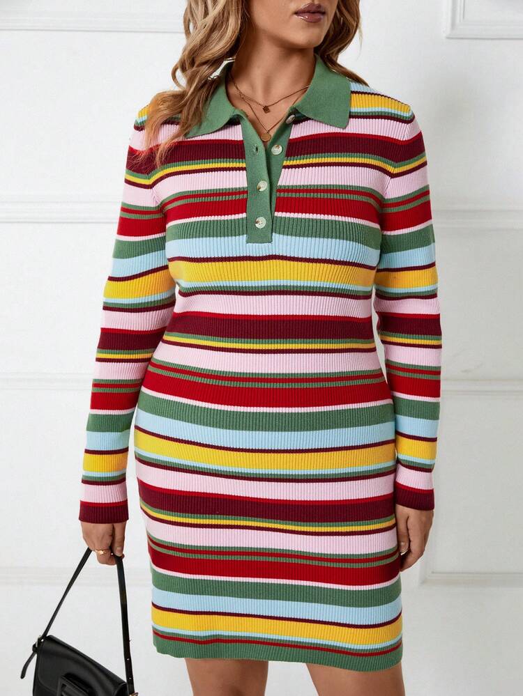 Plus Block Striped Pattern Polo Neck Sweater Dress Fall Cloth For Women