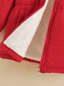 SHEIN 女小童拉鏈開襟毛絨襯裡連帽外套 - 紅色 - 查看 7