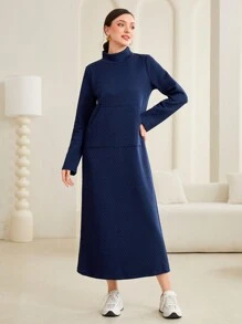 Mulvari Solid Kangaroo Pocket Mock Neck Sweatshirt Dress - Navy Blue - View 1