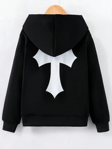 SHEIN Boys' Printed Zip-Up Hoodie - Black - View 2