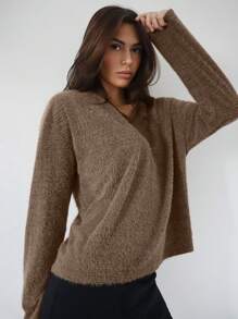 SHEIN Essnce 純色毛絨 T 卹 - 咖啡棕 - 查看 6