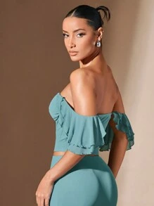 SHEIN BAE Blusa Con Volantes Y Sin Hombros Para Mujer - Verde - Ver 2