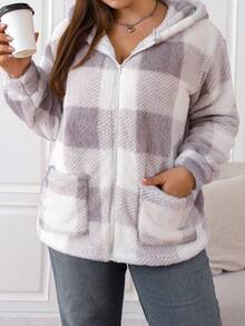 SHEIN EZwear 大碼格紋印花連帽法蘭絨外套 - 灰色 - 查看 5