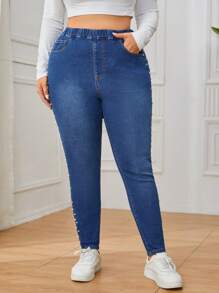 SHEIN Privé Plus Size Pearl Beaded Skinny Jeans - Dark Wash - View 6