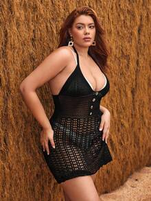 SHEIN Swim Vcay 大碼鏤空針織罩衫 - 黑色 - 查看 4