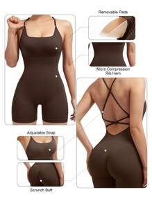 Slayform Seamless High Elasticity Criss-Cross Back Sport Jumpsuit,Brown Set. Brown Bodysuit.