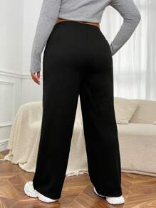 SHEIN EZwear 大尺碼女款黑色針織寬鬆直筒褲,帶糾結紗線細節
