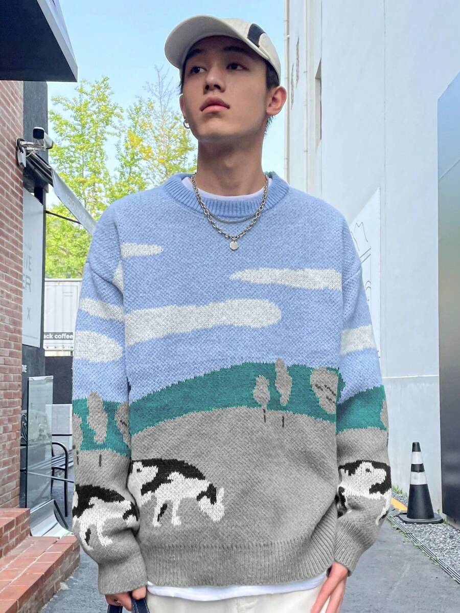 Manfinity Hypemode Nam Khối màu & Hình con bò Thả vai Áo len - Xám - Xem 1