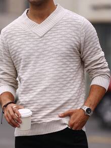 Manfinity Homme 男士素色V領套頭毛衣 - 卡其色 - 查看 4