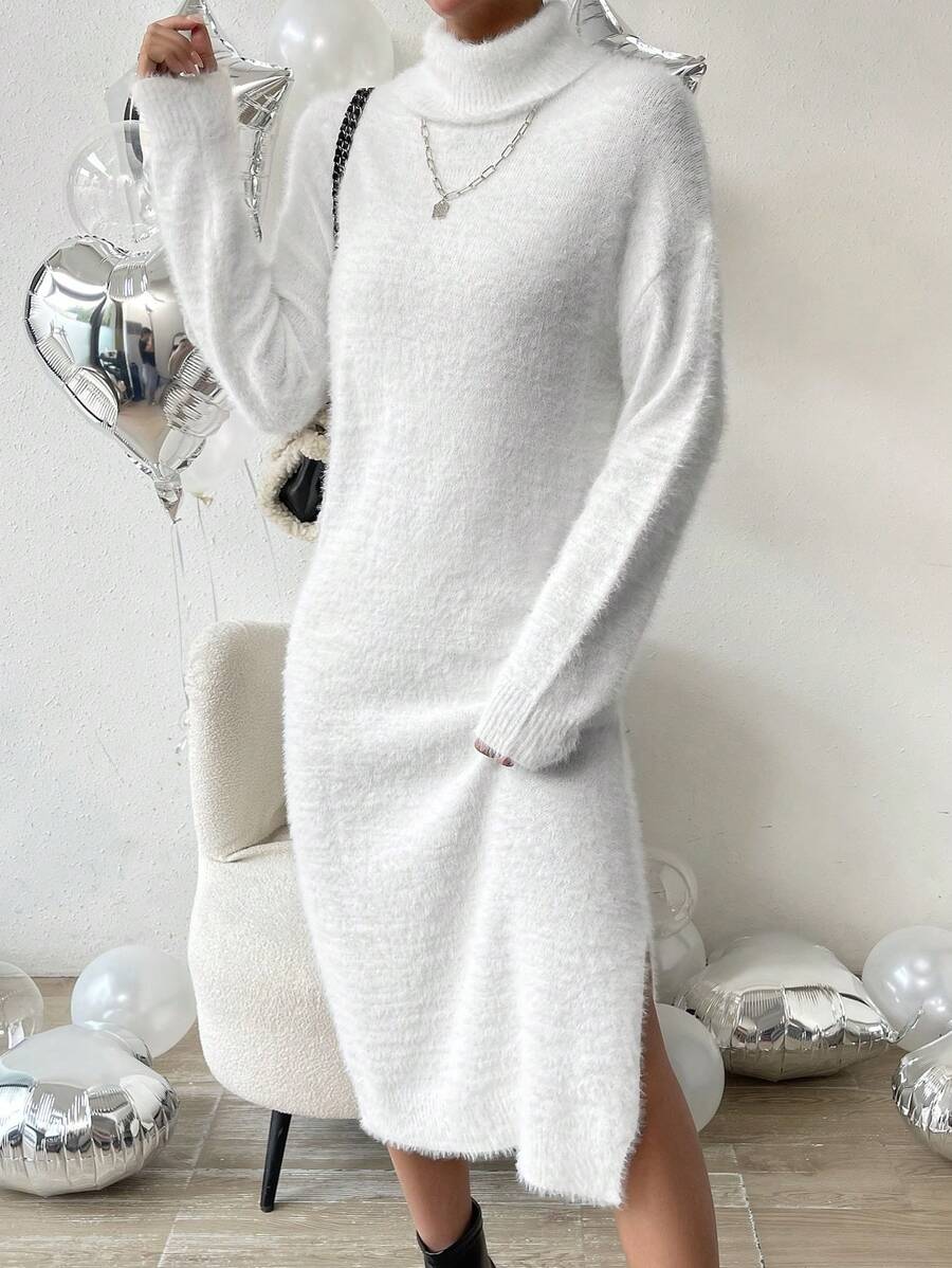 SHEIN Privé Turtleneck Drop Shoulder Split Thigh Sweater Dress - White - View 1