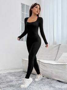 SHEIN PETITE Square Neck Ribbed Knit Unitard Spring Women Jumpsuit - Black - View 1