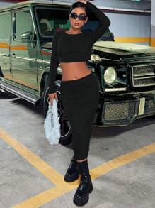 SHEIN Cottnline Solid Crop Tee & Skirt - Black - View 3