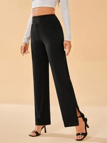 SHEIN Tall 素色斜口袋直筒褲 - 黑色 - 查看 3