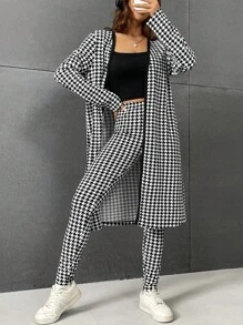 SHEIN Essnce 千鳥格印花開門襟外套&緊身打底褲 - 黑與白 - 查看 1