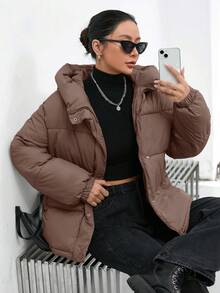 SHEIN Essnce 女士纯色拉链领连帽休闲加厚棉服外套，冬季服装 - 卡其色 - 查看 4