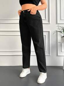 EURMUSE Quần Jeans Ống Thẳng Màu Trơn Cỡ Lớn - màu đen - Xem 5