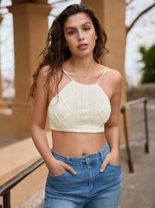 SHEIN Frenchy Lace-up Back Crop Cable Knit Top
