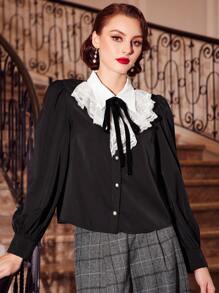 Vintamour Contrast Lace Tie Front Shirt - Black and White - View 4