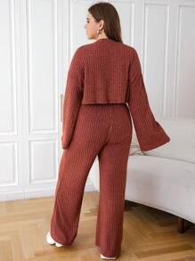 SHEIN EZwear 大碼針織落肩袖羅紋兩件套套裝 - 珊瑚橙 - 查看 2