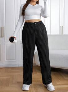SHEIN EZwear 大尺碼女裝直條紋直筒西裝褲 - 黑色 - 查看 4