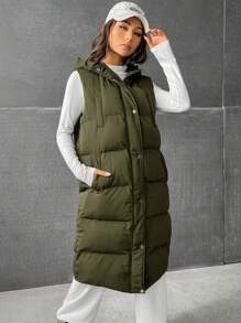 SHEIN EZwear Women's Sleeveless Long Puffer Jacket For Winter - Army Green - View 5