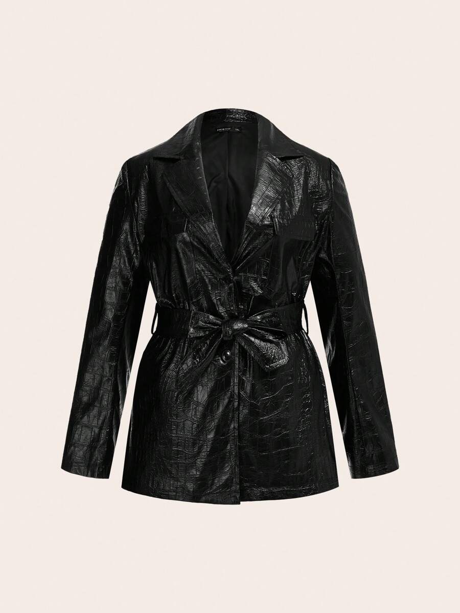 SHEIN EZwear 大碼鱷魚壓紋腰帶西裝外套 - 黑色 - 查看 1