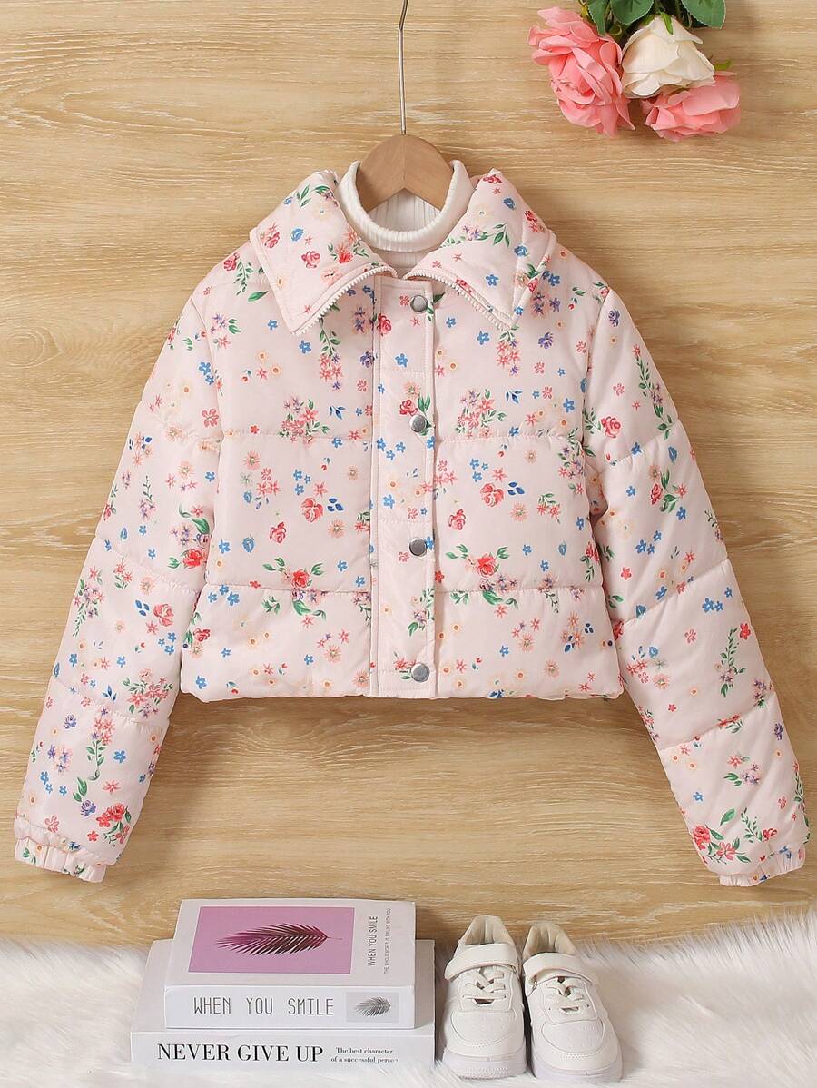 SHEIN Tween Girl 1 件小碎花印花夹棉外套 - 粉色 - 查看 1