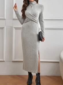 Chiquease Turtleneck Cross Wrap Front Split Thigh Ribbed Knit Dress - Khaki - View 3