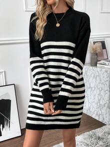SHEIN LUNE 條紋圖案落肩袖毛衣洋裝 - 黑色 - 查看 3
