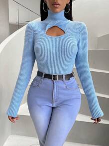 SHEIN Slayr Twist Cut Out Front High Neck Sweater - Baby Blue - View 1