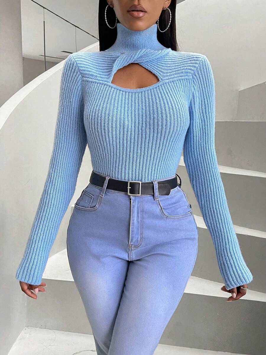 SHEIN Slayr Twist Cut Out Front High Neck Sweater - Baby Blue - View 1