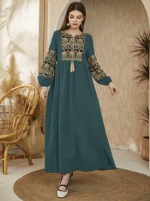 Al Najma Vestido largo de manga larga con estampado geométrico modesto árabe para damas - Verde - Ver 6