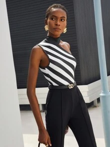 Maija Striped Print Asymmetrical Shoulder Bodysuit,Autumn Outfits For Women