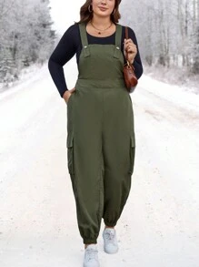 SHEIN LUNE Plus Flap Pocket Overall Jumpsuit Without Tee - Army Green - View 6