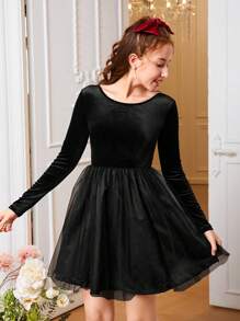 Teen Girl Crisscross Backless Mesh Hem Velvet Dress Without Belt - Black - View 4
