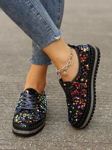 女士休閒風格厚底平底鑽石綁帶時尚白鞋