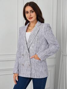 SHEIN Clasi Plaid Pattern Double Breasted Tweed Blazer