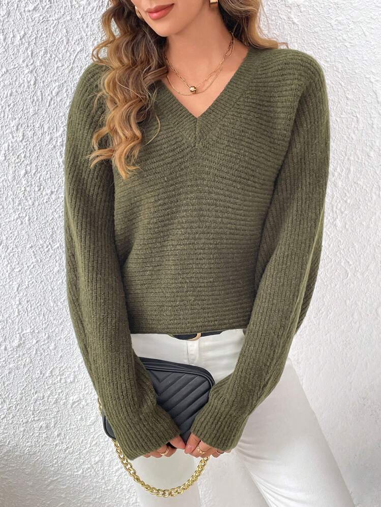 V Neck Batwing Sleeve Knit Pullover Fall Winter Sweater