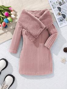 SHEIN Chica Joven unicolor tejido de canalé Vestido con de peluche Pañuelo - Rosa - Ver 1