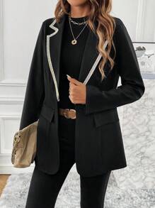 Chiquease Blazer ribete en contraste con botón - Negro - Ver 6