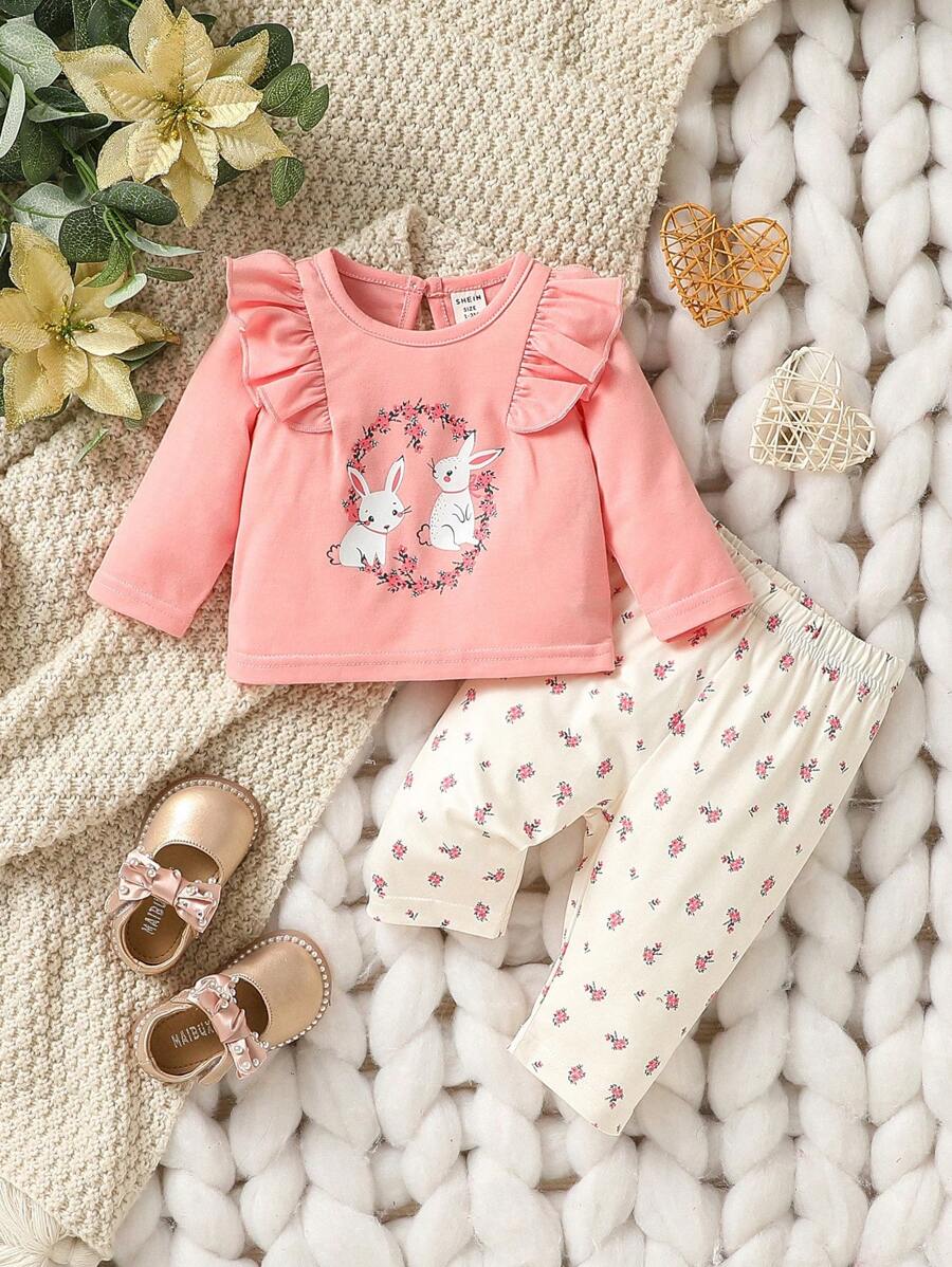 SHEIN Baby Girl Rabbit & Floral Print Ruffle Trim Tee & Pants - Multicolor - View 1