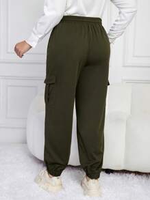 SHEIN Frenchy Hơn Túi nắp bên cạnh Eo dây rút Quần Cargo - xanh quân đội - Xem 2