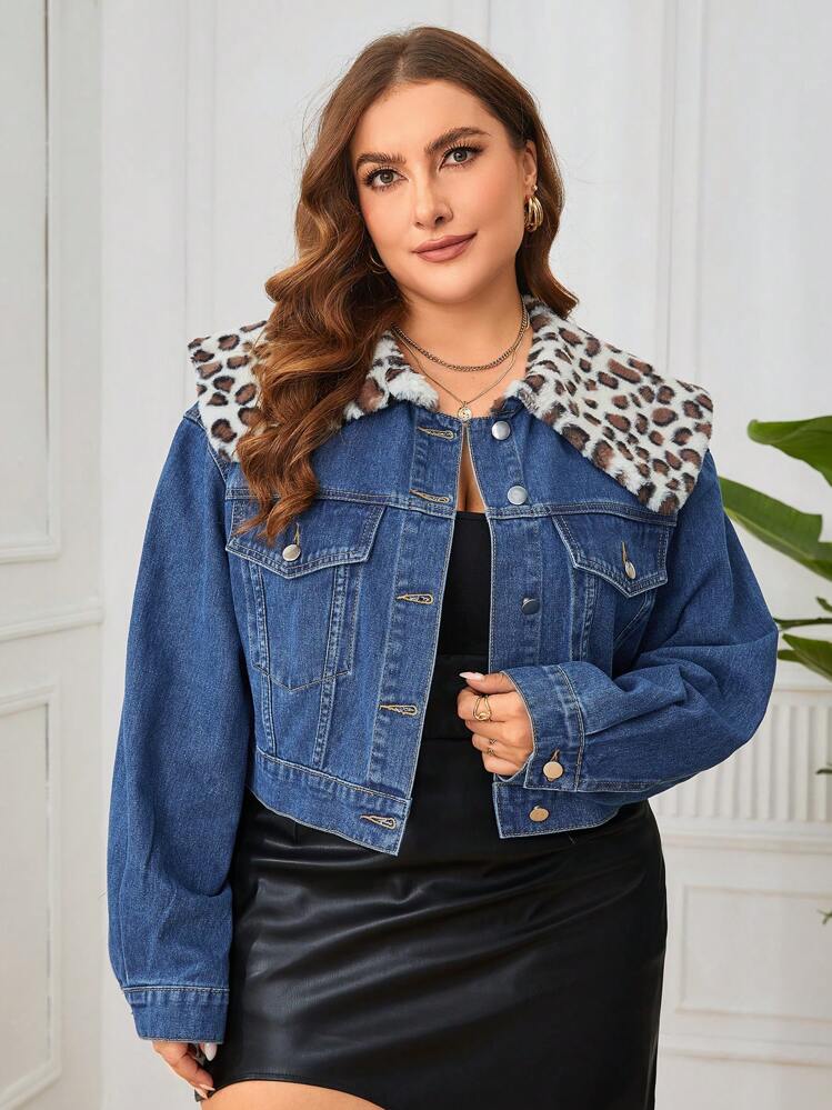 SHEIN Privé Giáng sinh Kích thước lớn Lông cừu In hoa Báo Áo khoác denim - Rửa trung bình - Xem 4
