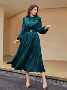 Modelyn Lantern Sleeve Ruffle Hem Belted Dress Long Evening Dresses - Teal Blue - View 4
